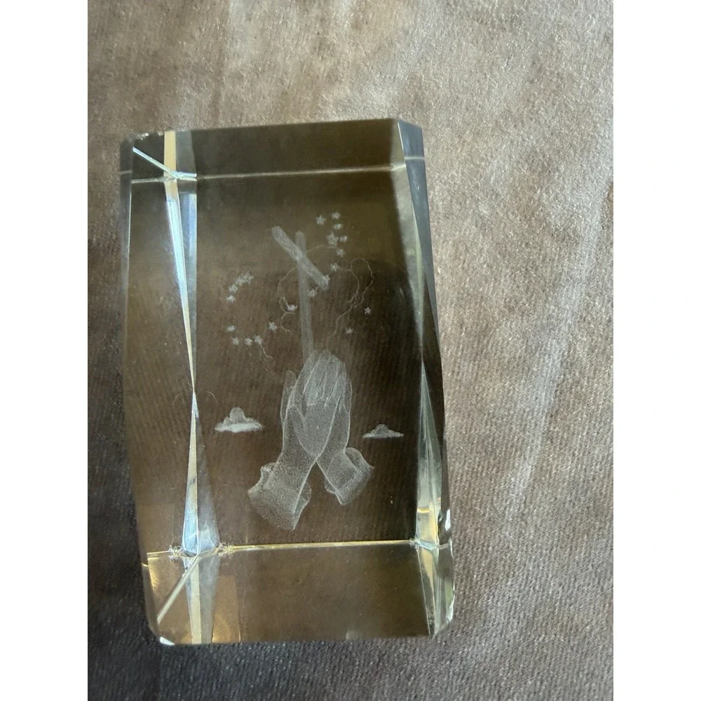 3D Laser Etched Cross & Praying Hands Crystal Glass Paperweight Home Or Office